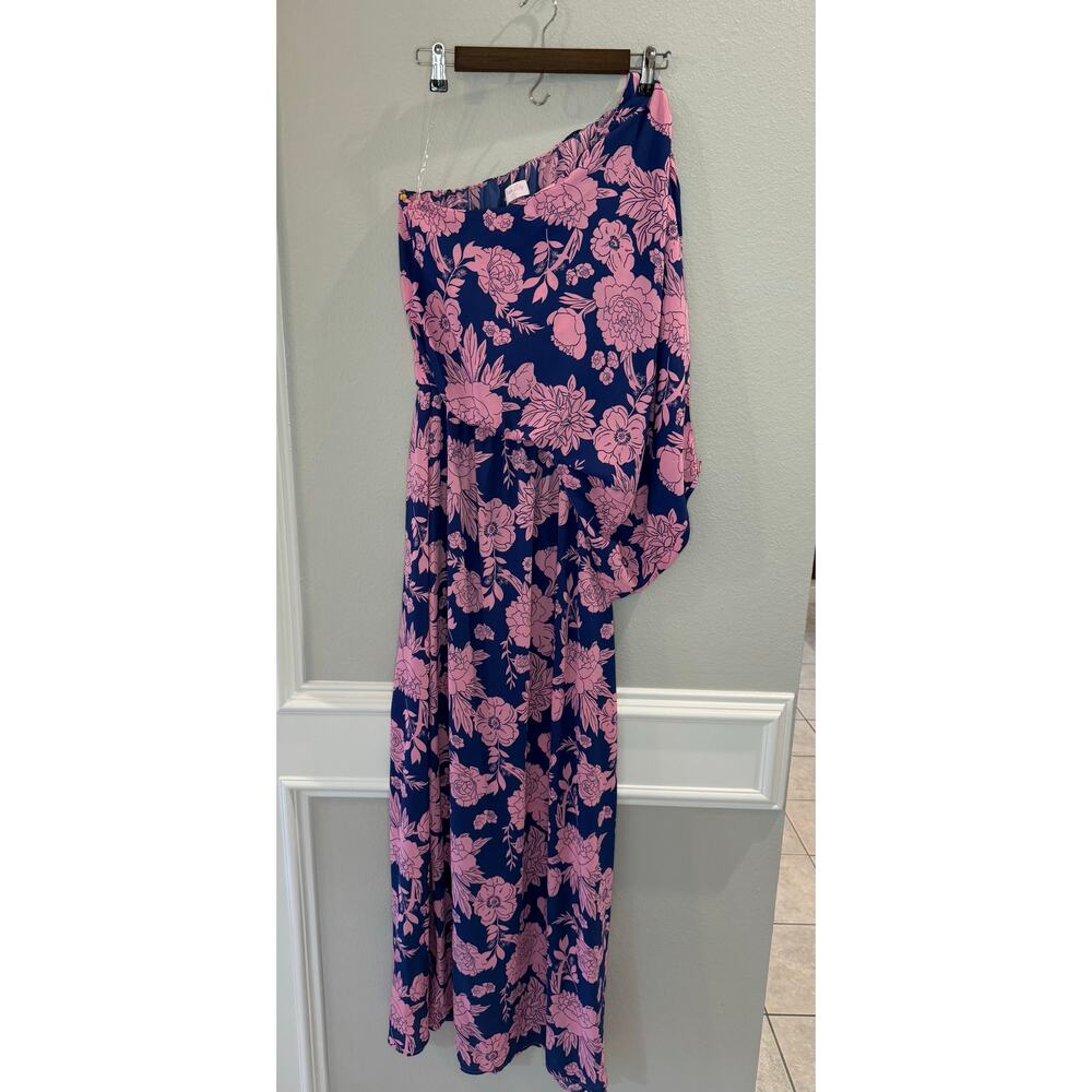 One-Shoulder Navy and Pink Floral Maxi Dress